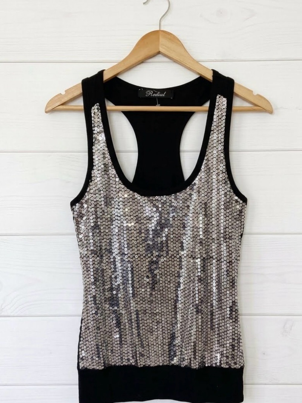 Redial Sequin Racerback Tank Top - Black with Silver Sequins